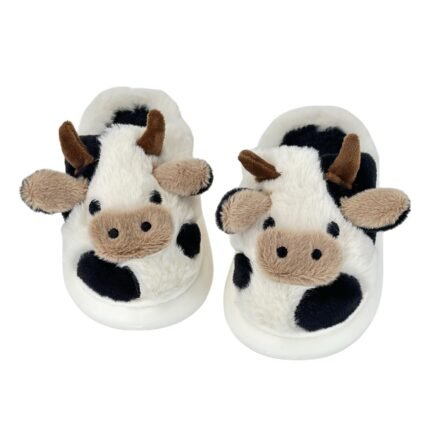 XIXITIAO Cartoon Cow Fuzzy Slippers for Kid Winter Indoor House Plush Slipper for Children Fluffy Shoes