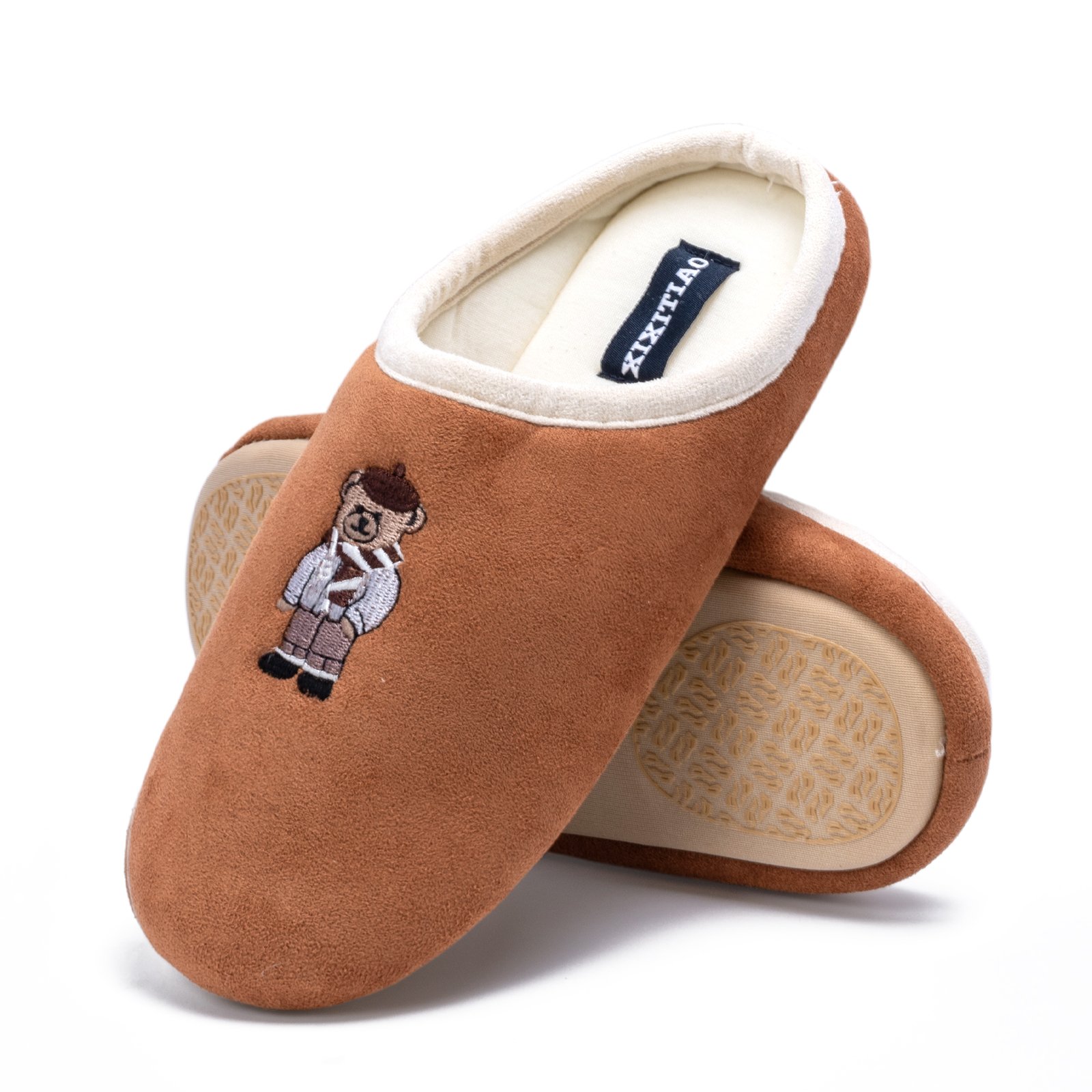XIXITIAO Embroidered Bear Cotton Slippers for Indoor , Non-slip Breathable Home Slides for All Seasons
