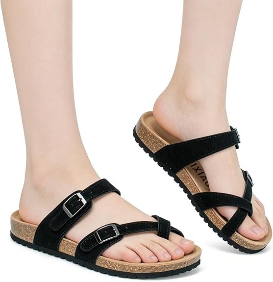 XIXITIAO Suede Arch Support  Sandals for Women Cross Straps Flat Sandals with Cork Footbed Women Memory Foam Slides Slippers
